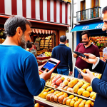 **Digital payments revolutionizing local commerce:** A vibrant Spanish marketplace scene. Merchants using mobile payment apps on their smartphones or tablets to accept payments. Happy customers making purchases. Focus on the ease and convenience of digital transactions in a traditional setting. Use Euro (€) symbols.