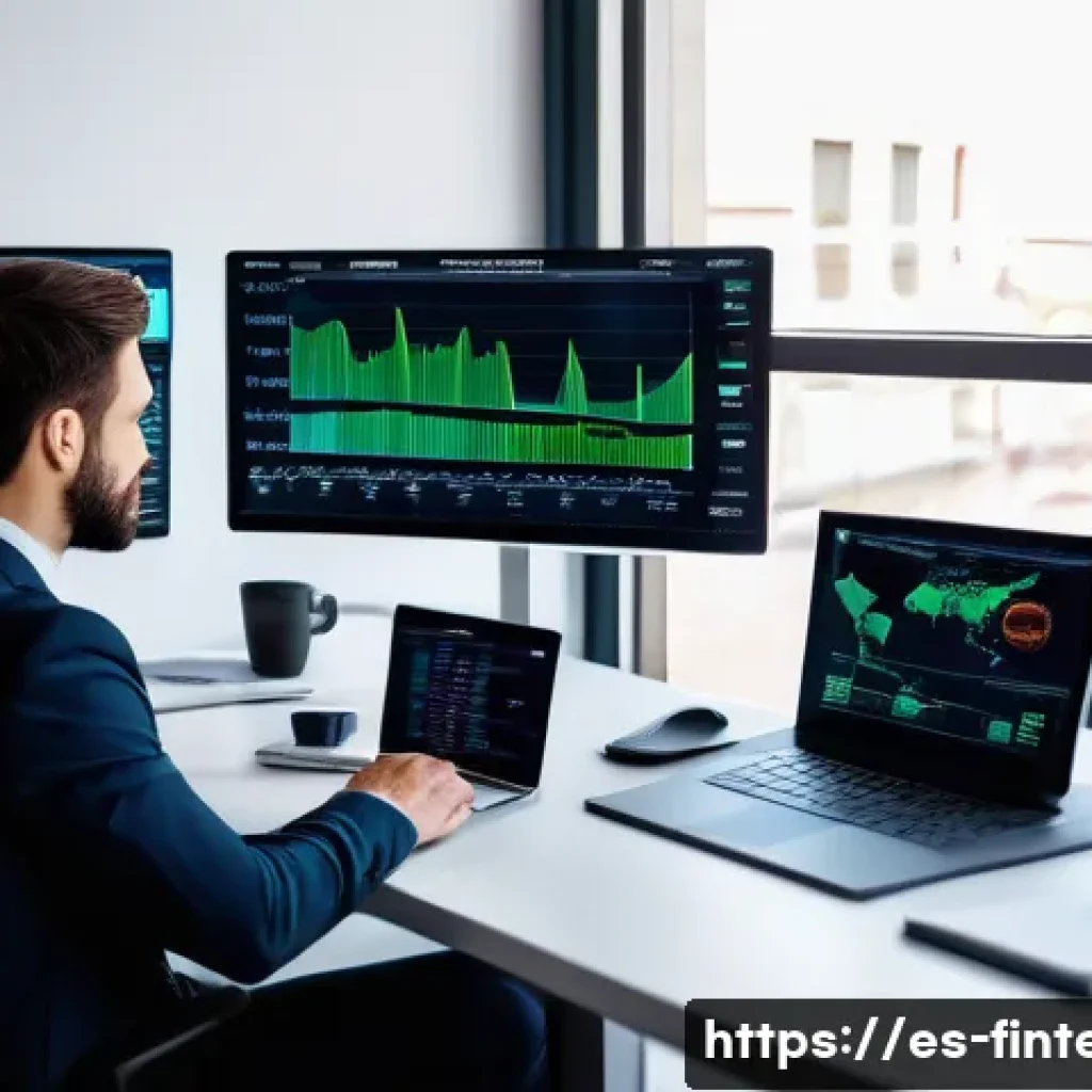 빅데이터 분석 기반 주식 투자 - A modern financial analyst&rsquo;s workspace filled with multiple high-resolution computer screens display...
