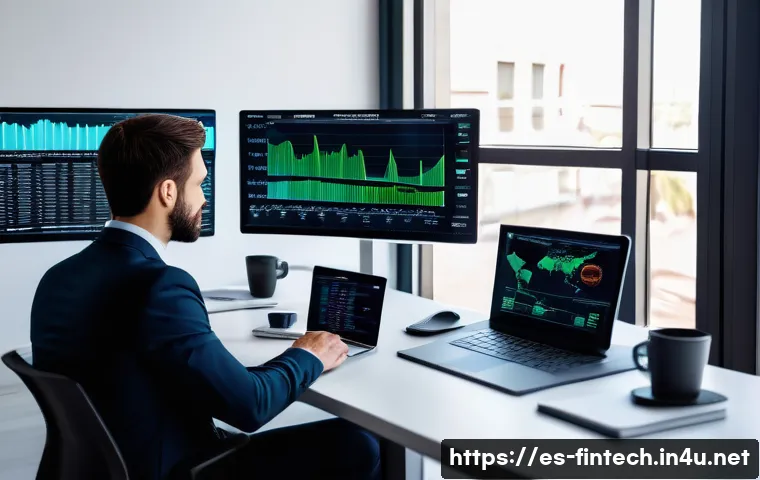 빅데이터 분석 기반 주식 투자 - A modern financial analyst’s workspace filled with multiple high-resolution computer screens display...
