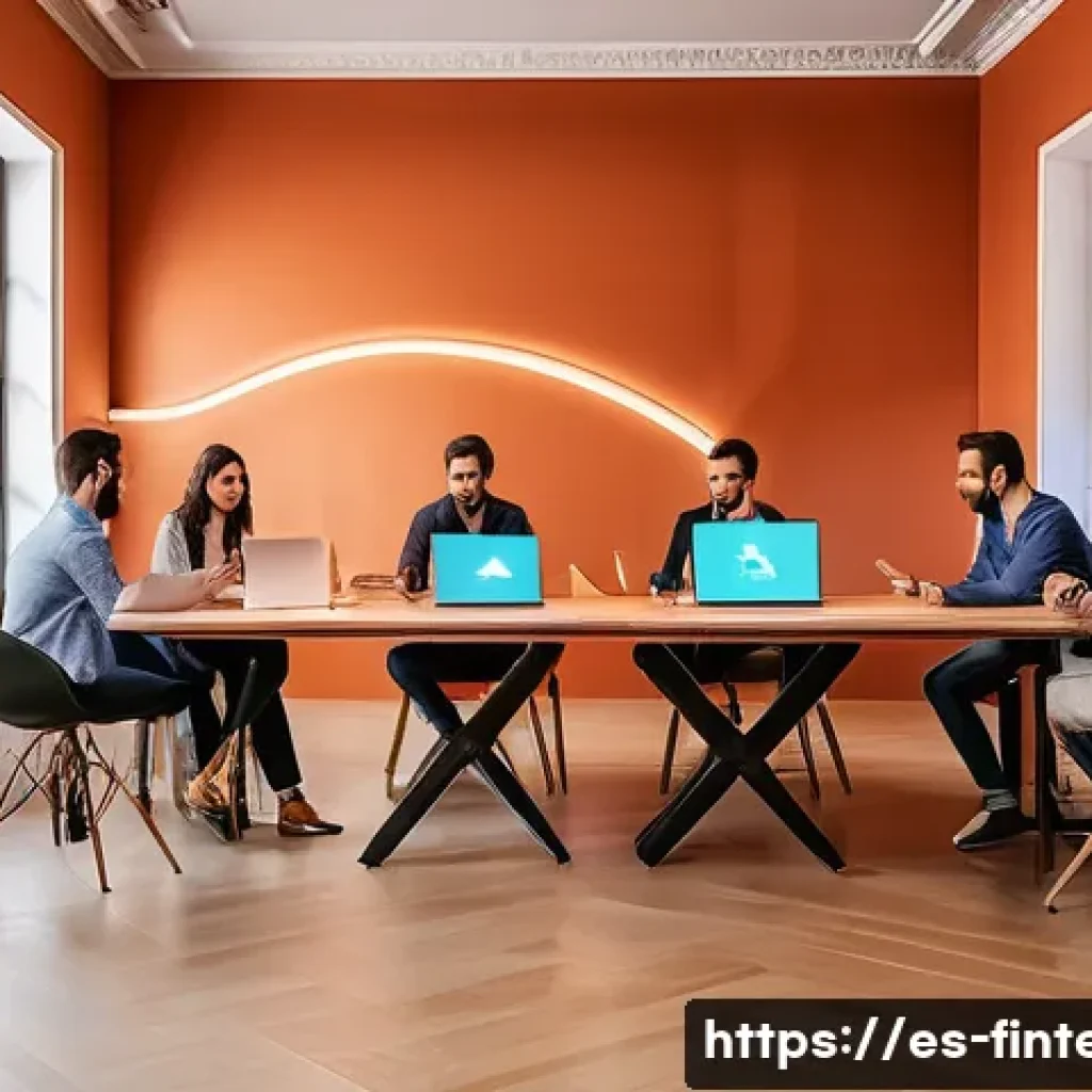 핀테크 기업 투자 분석 - A modern fintech startup office scene in Spain, featuring a diverse team of young professionals coll...