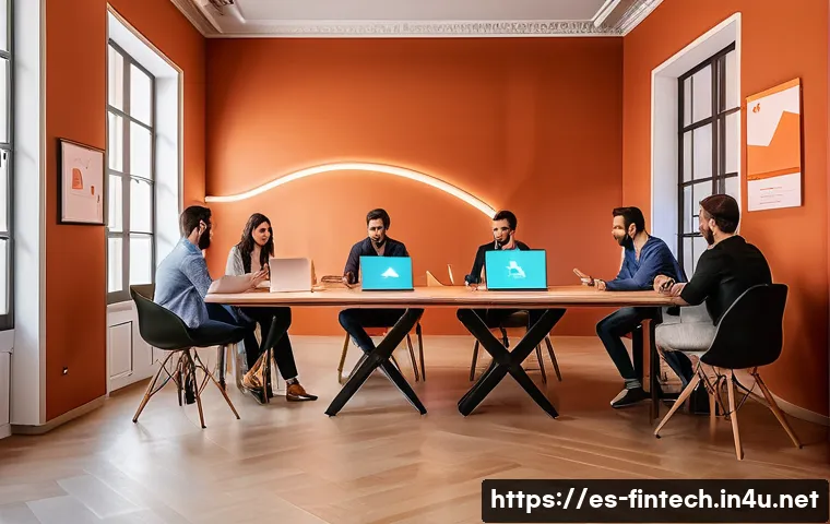 핀테크 기업 투자 분석 - A modern fintech startup office scene in Spain, featuring a diverse team of young professionals coll...