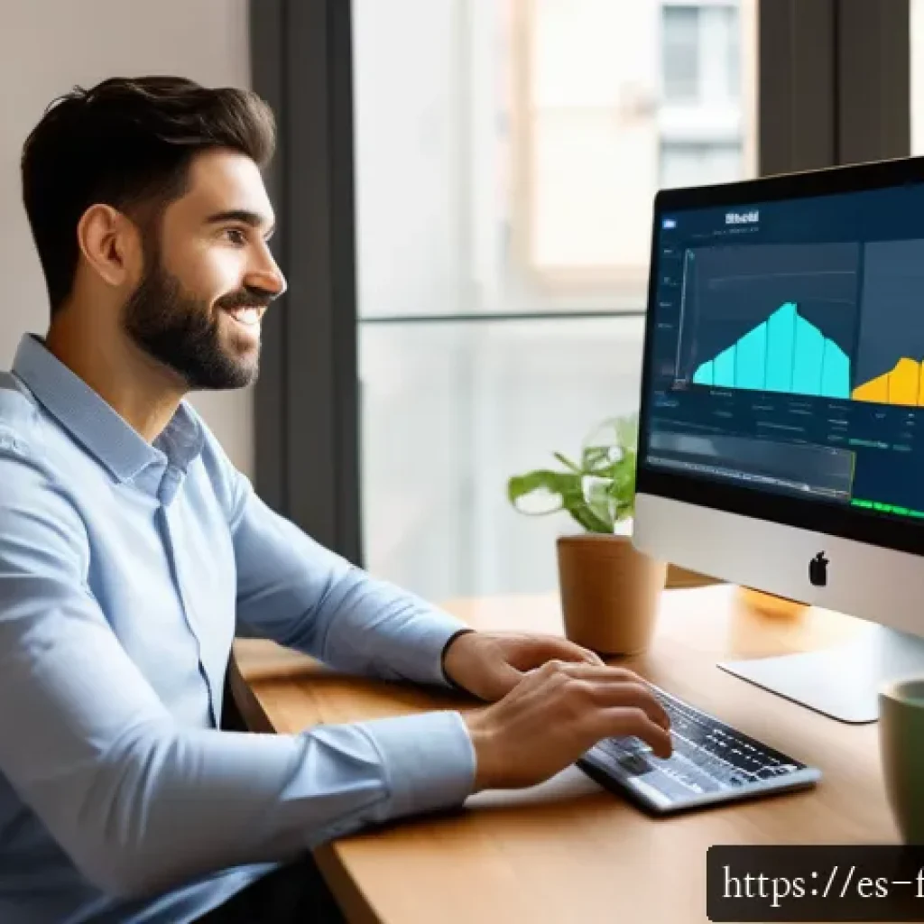 디지털 재테크 서비스 비교 - A young Spanish adult sitting comfortably at a modern home office desk, using a sleek laptop display...