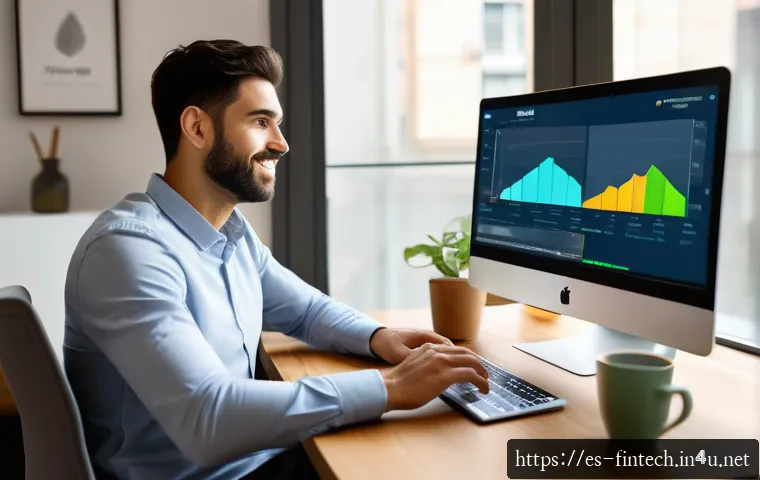 디지털 재테크 서비스 비교 - A young Spanish adult sitting comfortably at a modern home office desk, using a sleek laptop display...