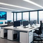디지털 자산 관리 기술 - A modern corporate office environment with a diverse team of professionals collaborating around a la...