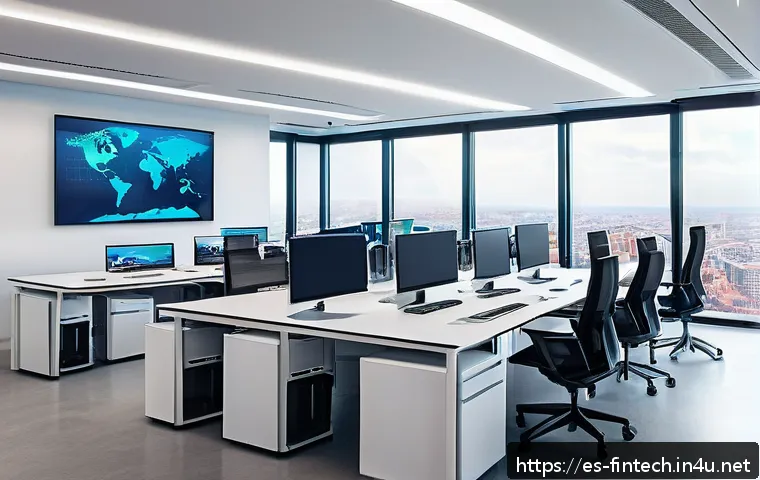 디지털 자산 관리 기술 - A modern corporate office environment with a diverse team of professionals collaborating around a la...