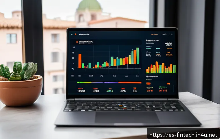 핀테크 분석 툴 개발 - A sleek fintech dashboard interface displayed on a modern laptop screen in a cozy home office settin...