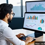 로보 어드바이저와 AI 비교 - A modern digital workspace showing a young Spanish professional analyzing financial data on multiple...