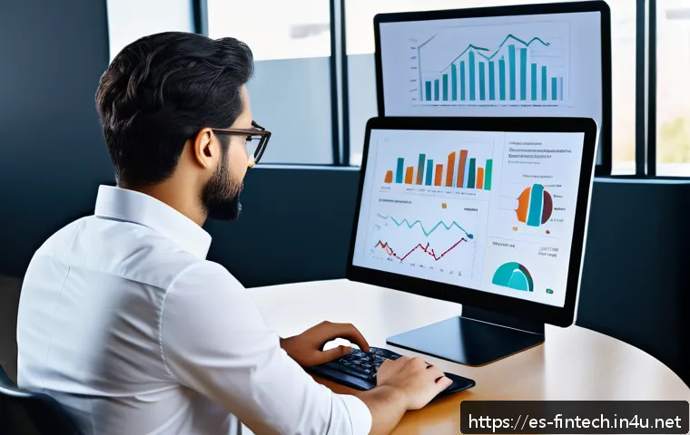 로보 어드바이저와 AI 비교 - A modern digital workspace showing a young Spanish professional analyzing financial data on multiple...