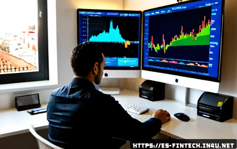 Home 17 주식 로봇 트레이딩 시스템 - Photorealistic Spanish-speaking financial analyst in a modern Madrid home office, calmly reviewing a...